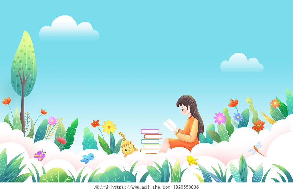 在花丛中读书的女孩读书日素材植物插画PSD素材